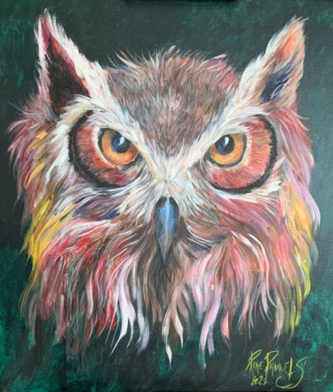 Painting titled "A Owl fantasy" by Rene Pauwels, Original Artwork, Acrylic