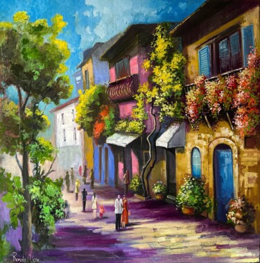 Painting titled "Lisbon - Portugal" by Reneta Isin, Original Artwork, Oil Mounted on Wood Stretcher frame
