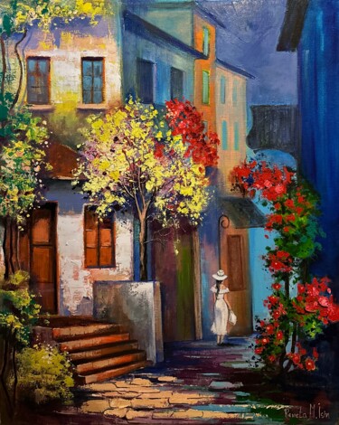 Painting titled "Old Cozy Street - P…" by Reneta Isin, Original Artwork, Oil Mounted on Wood Stretcher frame