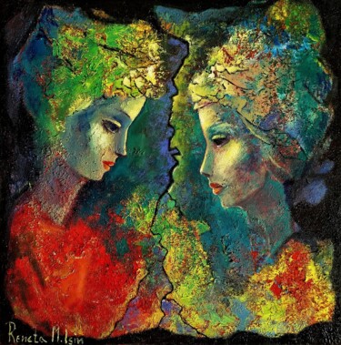 Painting titled "Dialogue" by Reneta Isin, Original Artwork, Oil Mounted on Wood Stretcher frame