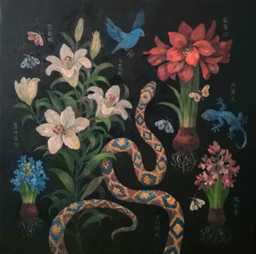 Painting titled "The Garden. Self-po…" by Yulduskhon, Original Artwork, Oil Mounted on Wood Stretcher frame