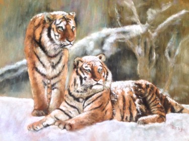 Tekening getiteld "Tigres dans la neige" door Résy, Origineel Kunstwerk, Pastel