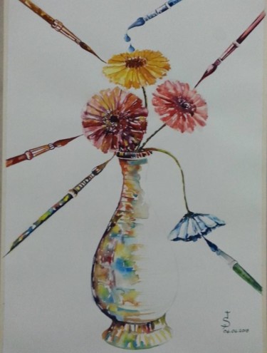 Painting titled "Naturmort" by İShak Şafak, Original Artwork, Watercolor