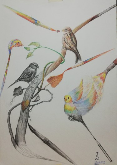 Painting titled "Birds" by İShak Şafak, Original Artwork, Charcoal