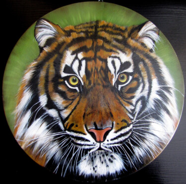 Malarstwo zatytułowany „tijger op rond pane…” autorstwa Ria Strijker, Oryginalna praca, Olej