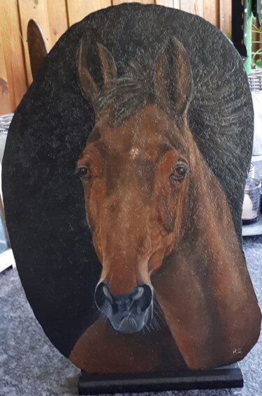 Malerei mit dem Titel "paard op leisteen" von Ria Strijker, Original-Kunstwerk, Öl