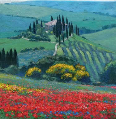 Painting titled "Spring in Val d'Orc…" by Riccardo Chirici, Original Artwork, Oil Mounted on Wood Stretcher frame