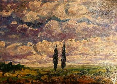 Pittura intitolato "Due cipressi al tra…" da Riccardo Battigelli, Opera d'arte originale