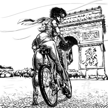 Digitale Kunst getiteld "Paris-à-vélo-nb" door Rice Bare, Origineel Kunstwerk, Digitaal Schilderwerk