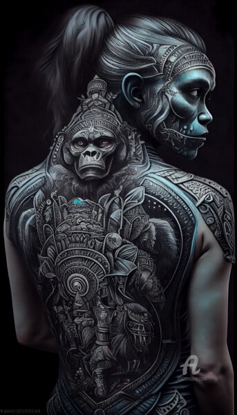 Digitale Kunst getiteld "Tattoos ofz Apes 3" door Rice Bare, Origineel Kunstwerk, AI gegenereerde afbeelding