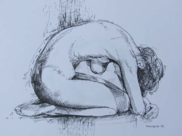 Schilderij getiteld "Crouched Nude" door Richard Mangold, Origineel Kunstwerk, Olie