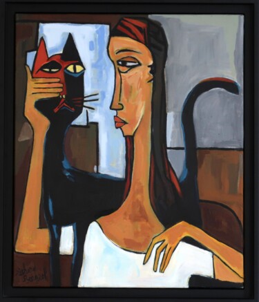 Painting titled "LA FILLE AU CHAT" by Richard Boigeol, Original Artwork, Acrylic Mounted on Wood Stretcher frame