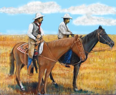 Painting titled "Cowboys on the range" by Richard Rollins, Original Artwork, Digital Painting Mounted on Wood Stretcher frame
