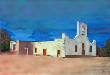 Painting titled "Socorro Mission" by Richard Rollins, Original Artwork, Digital Painting Mounted on Wood Stretcher frame