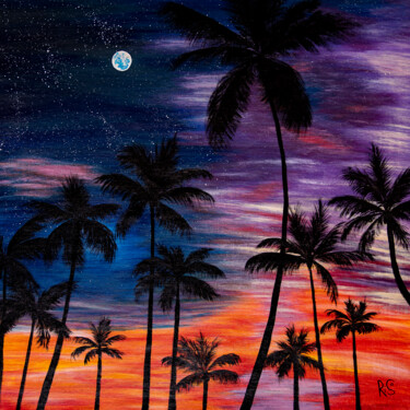 Картина под названием "PALM SUNSET, tropic…" - Rimma Savina, Подлинное произведение искусства, Акрил Установлен на Деревянна…