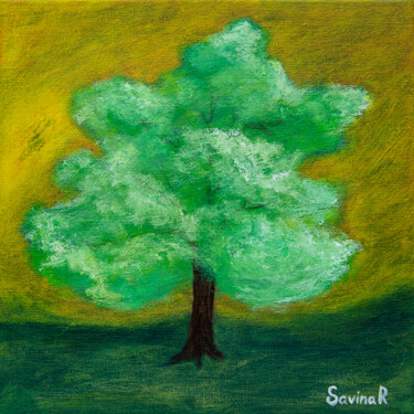 Painting titled "Tree on gold" by Rimma Savina, Original Artwork, Acrylic Mounted on Wood Stretcher frame