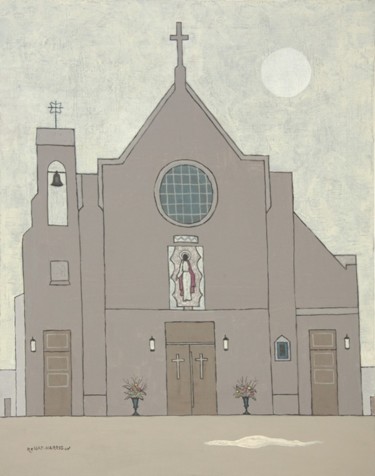 Malerei mit dem Titel "Catholic church on…" von Rinat Harisov, Original-Kunstwerk, Acryl