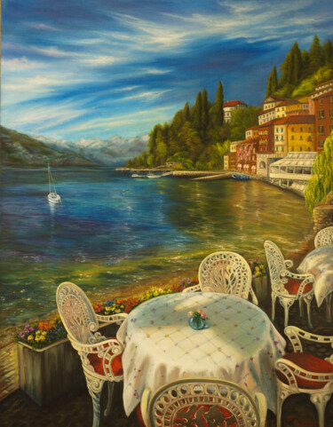 Schilderij getiteld "Lake Como" door Rita Cemkalo, Origineel Kunstwerk, Olie
