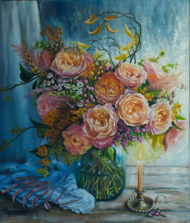 Painting titled "Beautiful roses wit…" by Rita Cemkalo, Original Artwork, Lacquer