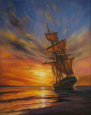 Pintura intitulada "Sailboat at sunset" por Rita Cemkalo, Obras de arte originais, Óleo
