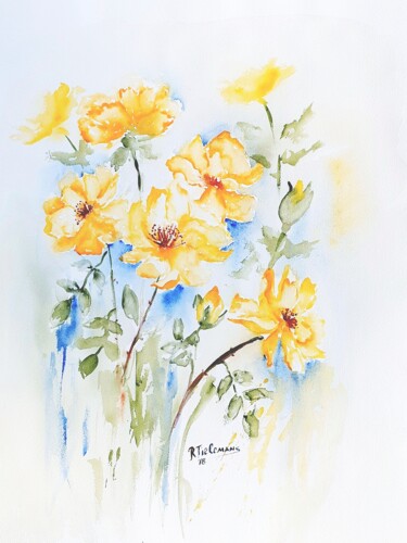 Painting titled "Gele Rozen, aquarel…" by Rita Tielemans, Original Artwork, Watercolor