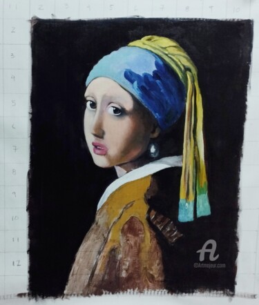Картина под названием "Girl with a pearl e…" - Ricardo Massucatto, Подлинное произведение искусства, Масло