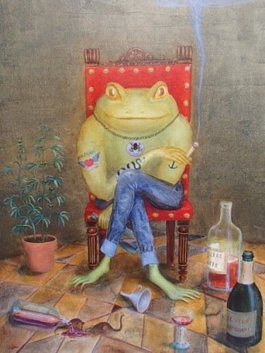 Peinture intitulée "la grenouille accro…" par Boul, Œuvre d'art originale, Huile