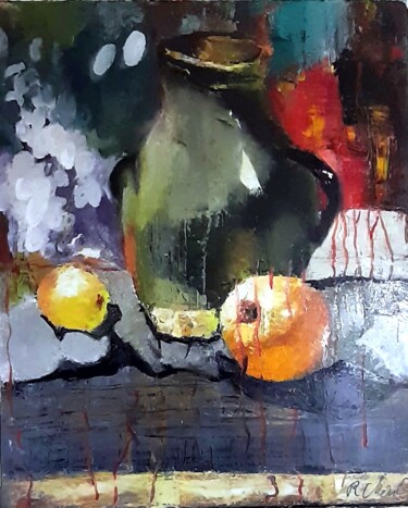 Painting titled "Nature morte 2" by Robert Charles, Original Artwork, Oil Mounted on Wood Stretcher frame