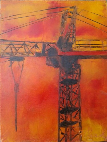 Schilderij getiteld "(1)une-grue" door Robert Charles, Origineel Kunstwerk, Olie Gemonteerd op Frame voor houten brancard