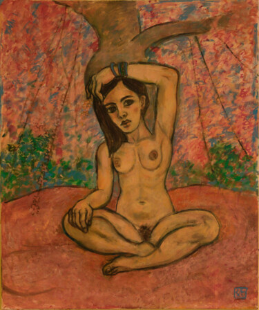 Schilderij getiteld "Féminin Sacré- Huil…" door Robert Gibson, Origineel Kunstwerk, Olie Gemonteerd op Frame voor houten bra…