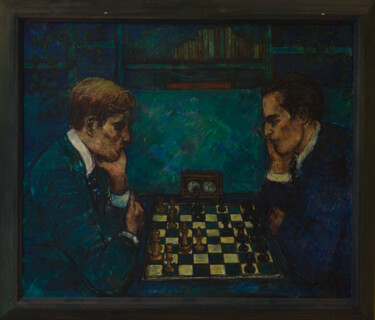 Schilderij getiteld "Les joueurs d'échec…" door Robert Gibson, Origineel Kunstwerk, Olie Gemonteerd op Frame voor houten bra…