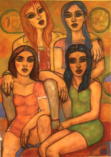 Schilderij getiteld "Four sisters from o…" door Robert Gibson, Origineel Kunstwerk, Olie Gemonteerd op Frame voor houten bra…