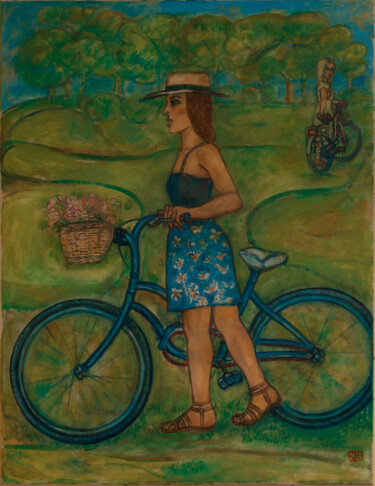 Painting titled "Promenande à Vélo -…" by Robert Gibson, Original Artwork, Oil Mounted on Wood Stretcher frame