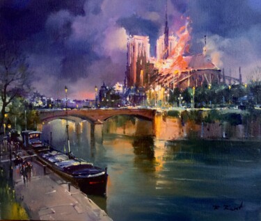 Painting titled "INCENDIE DE NOTRE D…" by Robert Ricart, Original Artwork, Oil Mounted on Wood Stretcher frame