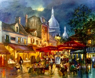 Painting titled "PARIS MONTMARTRE LA…" by Robert Ricart, Original Artwork, Oil Mounted on Wood Stretcher frame