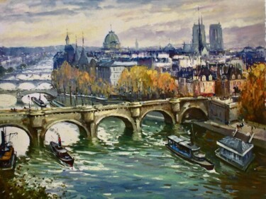 Painting titled "PARIS LA SEINE AU V…" by Robert Ricart, Original Artwork, Oil Mounted on Wood Stretcher frame