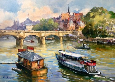 Painting titled "PARIS BATEAU MOUCHE…" by Robert Ricart, Original Artwork, Oil Mounted on Wood Stretcher frame
