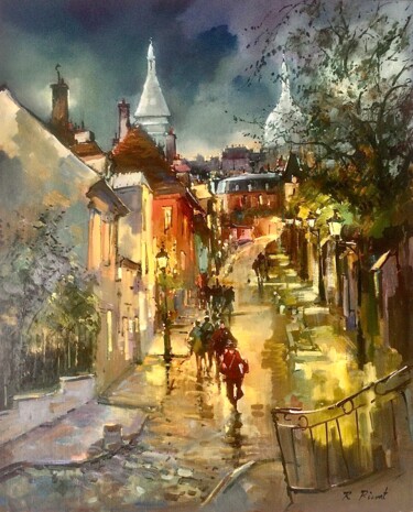 Painting titled "PARIS MONTMARTRE LA…" by Robert Ricart, Original Artwork, Oil Mounted on Wood Stretcher frame