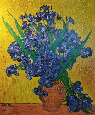 제목이 "Les iris sur fond j…"인 미술작품 Robert Wundele로, 원작, 아크릴 나무 들것 프레임에 장착됨