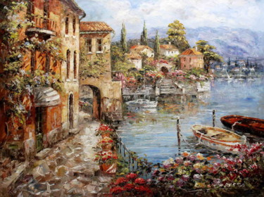Peinture intitulée "Lake Villa in Varen…" par Roberto Fisano, Œuvre d'art originale, Huile