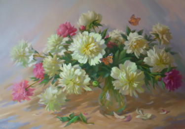 Peinture intitulée "Delicate peonies" par Yuriy Sidorenko, Œuvre d'art originale, Huile Monté sur Châssis en bois