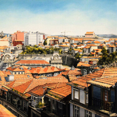 Painting titled "Les toits de Porto" by Roger Bailleul, Original Artwork, Oil Mounted on Wood Stretcher frame