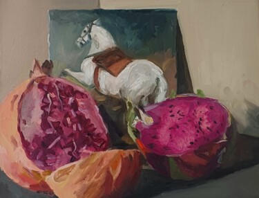 Painting titled "Fruits et Velasquez…" by Roland Gschwind, Original Artwork, Oil Mounted on Cardboard