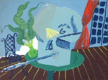 Peinture intitulée "crâne au pinceau" par Roland Gschwind, Œuvre d'art originale, Gouache