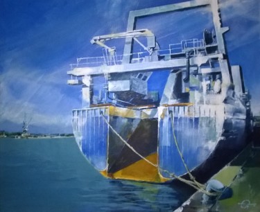 Painting titled "cargo bleu" by Roland Guyomard, Original Artwork, Acrylic