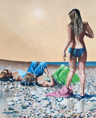 Painting titled "La plage de galets 2" by Roland Guyomard, Original Artwork, Acrylic