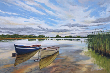 Schilderij getiteld "Moored boats on Lou…" door Roland Henrion, Origineel Kunstwerk, Acryl