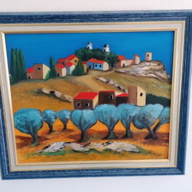Malarstwo zatytułowany „Village du Lubéron” autorstwa Roland Brunet, Oryginalna praca, Olej Zamontowany na Drewniana rama no…