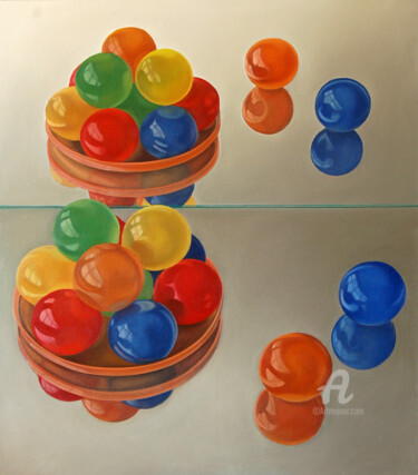 Schilderij getiteld "Balls" door Roman Rembovsky, Origineel Kunstwerk, Olie Gemonteerd op Frame voor houten brancard