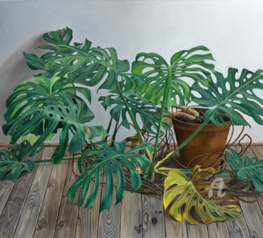 Painting titled "Monstera deliciosa" by Roman Rembovsky, Original Artwork, Oil Mounted on Wood Stretcher frame